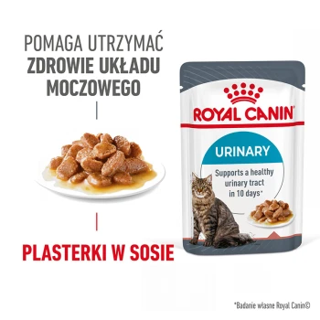 Torebka karmy dla kotów Royal Canin Urinary, z talerzem mokrej karmy i kotem, z tekstem informującym, że wspiera zdrowie układu moczowego w ciągu 10 dni.