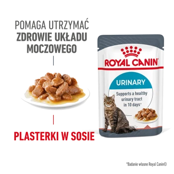 Torebka karmy dla kotów Royal Canin Urinary, z talerzem mokrej karmy i kotem, z tekstem informującym, że wspiera zdrowie układu moczowego w ciągu 10 dni.
