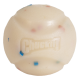 Balle jouet pour chien en caoutchouc blanc avec des taches multicolores et texte en relief "Chuckit!"