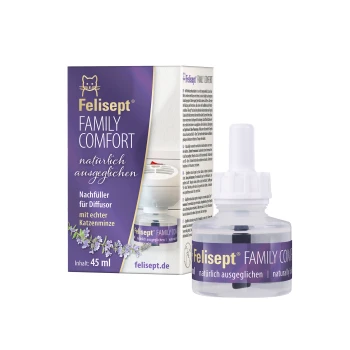 Felisepet Comfort Diffusor-Nachfüllung, 45 ml, mit Lavendel-Design und Text: "natürlich ausgewogen" und "Nachfüller für Diffusor."