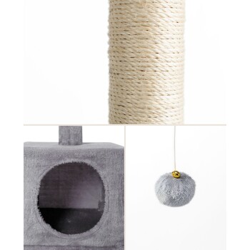 Katzenkratzbaum mit natürlichem Sisal-Seil, plüschiges graues Katzenhaus mit einem runden Eingang und einem hängenden grauen Pom-Pom-Spielzeug.