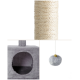 Katzenkratzbaum mit natürlichem Sisal-Seil, plüschiges graues Katzenhaus mit einem runden Eingang und einem hängenden grauen Pom-Pom-Spielzeug.