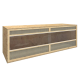 Holz-Tierausstellungsschrank mit Netzpaneelen und Glasfront, entworfen zur Präsentation von Tierprodukten in einem Online-Shop.