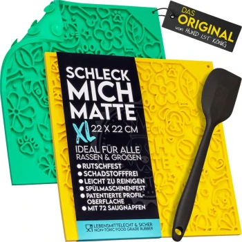 Zwei bunte Silikon-Lickmatten für Haustiere, eine grün und eine gelb, mit einem schwarzen Spatel, mit Text auf Deutsch über ihre Eigenschaften.