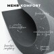 Schwarzer Schaum mit Text: "MEHR KOMFORT," "weicher Schaumstoffkern," "formbeständig," "maschinenwaschbar," "besonders langlebig," "geringes Gewicht."