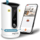 Eine weiße Haustierkamera mit einer 360-Grad-Ansichtsfunktion, neben einem Smartphone, das einen glücklichen Hund auf einem Teppich und App-Steuerelemente anzeigt.
