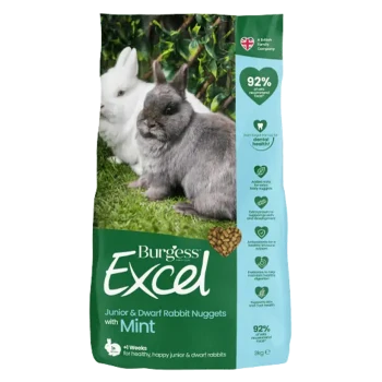Burgess Excel Junior & Dwarf Rabbit Nuggets with Mint, featuring a gray and a white rabbit on the packaging, 3kg bag.
