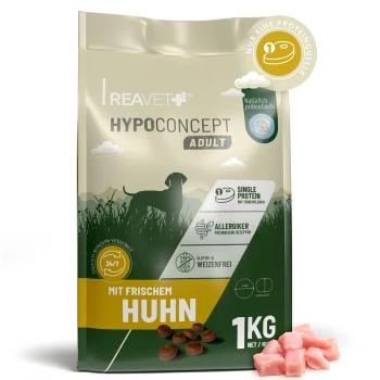 1-kg REAVET Hypoconcept Adult Hundefutter 'Mit frischem Huhn', Weizenfrei-Logo, Kroketten und rohe Hühnerstücke