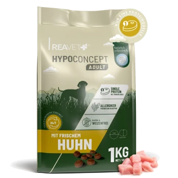 1-kg REAVET Hypoconcept Adult Hundefutter 'Mit frischem Huhn', Weizenfrei-Logo, Kroketten und rohe Hühnerstücke