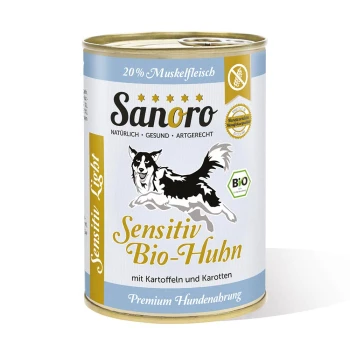 Sensitiv BIO-Huhn mit BIO-Gemüse 12x400g Dose Sanoro Hundefutter mit der Aufschrift 'Sensitiv Bio-Huhn' mit Huhn, Kartoffeln und Karotten; zeigt ein laufendes Hundebild und biologische Zertifizierung.