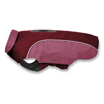 Bordeauxroter und pinker Wolters Hundemantel mit reflektierendem Paspel und einer Reißverschlusstasche am Rücken, für kleine bis mittelgroße Hunde konzipiert.