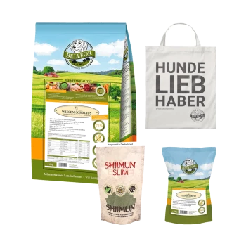 Bellfor Haustierfutterprodukte: ein großer Beutel "WIESEN-SCHMAUS," ein Beutel "SHIIMUN SLIM," und eine Tragetasche mit der Aufschrift "HUNDE LIEB HABER."