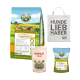 Bellfor Haustierfutterprodukte: ein großer Beutel "WIESEN-SCHMAUS," ein Beutel "SHIIMUN SLIM," und eine Tragetasche mit der Aufschrift "HUNDE LIEB HABER."
