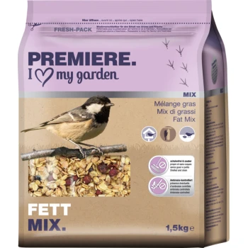 A bag of bird food labeled "Premiere. I ❤️ my garden," showing a bird on a branch and a mix of grains and berries.