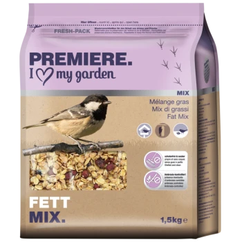 Eine Tüte Vogelfutter mit der Aufschrift "Premiere. Ich ❤️ meinen Garten," zeigt einen Vogel auf einem Ast und eine Mischung aus Körnern und Beeren.