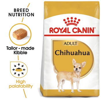 Royal Canin Adult Chihuahua dog food bag with Chihuahua illustration, emphasizing breed nutrition, tailored kibble, and high palatability.