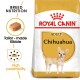Royal Canin Adult Chihuahua dog food bag with Chihuahua illustration, emphasizing breed nutrition, tailored kibble, and high palatability.