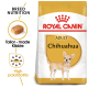 Royal Canin Adult Chihuahua dog food bag with Chihuahua illustration, emphasizing breed nutrition, tailored kibble, and high palatability.