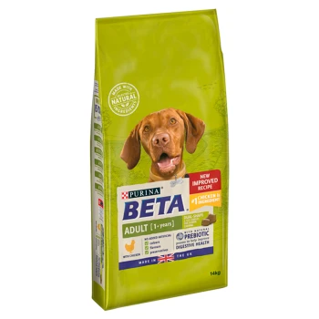 Purina Beta Adult dog food, 14kg bag, with chicken as the main ingredient, featuring a new improved recipe and prebiotic for digestive health.