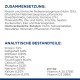 Haustierfutterverpackung, die Zutaten und Nährwertanalyse auf Deutsch anzeigt, einschließlich Huhn, Gemüse und Vitamine A und D.