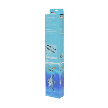 Opakowanie grzałki do akwarium, oznaczone 'AniOne Aquarien-heizer 300 Watt', z obrazkami ryb i wody, z instrukcjami użytkowania.