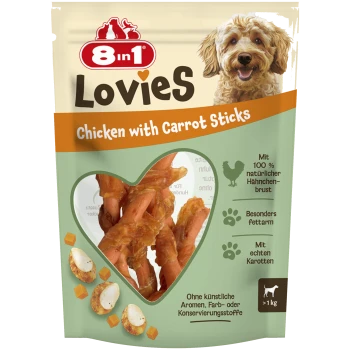 8in1 Lovies Chicken mit Karottensticks Hundeleckerlis, natürliche Hähnchenbrust, fettarm, echte Karotten, über 1 kg Packung.