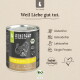 LIEBESGUT-Dose mit Bio-Welpenfutter (Bio‑Pute) mit Slogan 'Weil Liebe gut tut.' Etiketten: glutenfrei, getreidefrei, laktosefrei