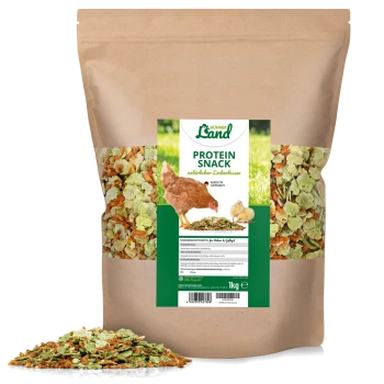 1kg Beutel "Hühner Land Protein Snack" für Hühner, mit einer bunten Mischung aus natürlichen Zutaten und Hühnerillustrationen auf dem Etikett.
