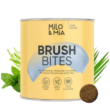 Dose von Milo & Mia Daily Bites Zahnpflege für Hunde, mit einem gelben Etikett und Minzblättern, die frischen Atem fördert.