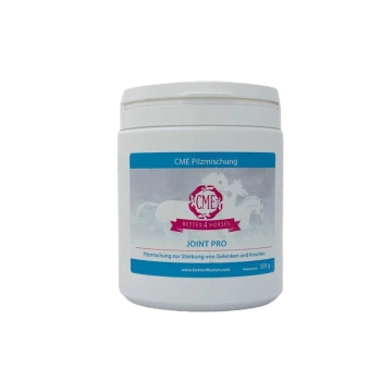 Weißer Behälter des "Joint Pro" Supplements für Pferde, beschriftet mit "CME Pilzmischung" und "BETTER 4 HORSES," 300g.