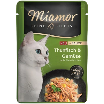Miamor Feine Filets Katzenfutterbeutel mit weißer Katze und Thunfisch & Gemüse; Aufschrift: NEU in SAUCE Thunfisch & Gemüse 100% FILET