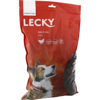 Hundefutterbeutel beschriftet mit "LECKY Klein & Fein Classic", mit einem Corgi auf der Vorderseite, mit dem Anspruch von 64% Fleisch, glutenfrei und weichen Snacks.