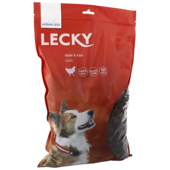 Hundefutterbeutel beschriftet mit "LECKY Klein & Fein Classic", mit einem Corgi auf der Vorderseite, mit dem Anspruch von 64% Fleisch, glutenfrei und weichen Snacks.