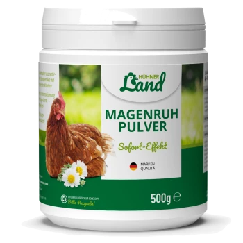 Behälter mit HühnerLand Magenruh Pulver, einem 500g Kräuterpulver für Hühner, mit einer braunen Henne und dem Etikett "Sofort-Effekt".