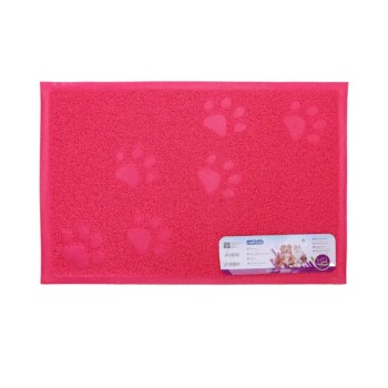 Helle pinkfarbene Tiermatte mit Pfotenabdruckdesigns, mit einem Etikett mit Produktdetails und Bildern von Hunden.