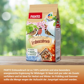 Tüte PANTO Premium Erdnussbruch Vogelfutter mit Bildern von Vögeln und Text, der ein natürliches, energiereiches Produkt für Wildvögel hervorhebt.