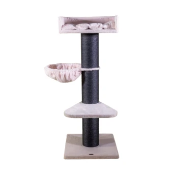 Katzenbaum mit einem gemütlichen oberen Platz, einer hängenden Hängematte und einem stabilen Sockel, entworfen für Katzen-Spiel und Entspannung.