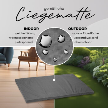Graue Haustiermatte-Werbung mit der Aufschrift "gemütliche Liegematte", INDOOR / OUTDOOR-Labels, Angaben zu Innen-/Außenfunktionen, Nahaufnahme des wasserabweisenden Stoffs