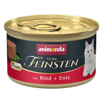 Katze Futterdose mit Mousse, beschriftet mit 'animonda vom Feinsten', mit Rind und Ente, und einem Bild einer weißen Katze auf der Vorderseite.