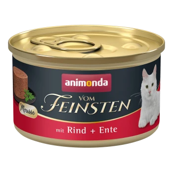 Katze Futterdose mit Mousse, beschriftet mit 'animonda vom Feinsten', mit Rind und Ente, und einem Bild einer weißen Katze auf der Vorderseite.