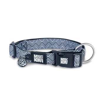 Schwarz-weiß gemustertes Max & Molly Urban Pets Hundehalsband mit Metallring und Anhänger mit der Aufschrift "Ich bin verloren, bitte bring mich zurück."