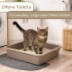 Getigerte Katze steht in einer offenen Katzentoilette auf einer Matte in einem Waschraum; sichtbarer Text „Offene Toilette“ und „für sensible, junge oder ältere Katzen“