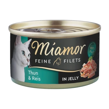 Puszka karmy dla kotów z twarzą białego kota, oznaczona 'Miamor Feine Filets Thun & Reis in Jelly', z wyróżnionym '100% Filet'.