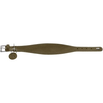 Olivgrünes, gepolstertes Wildleder-Hundehalsband mit Metallschnalle, runder Hundemarke und kleinem 'Hurtta'-Logo.