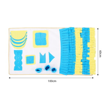 Weiße, rechteckige Snuffle-Matte für Haustiere mit blau-gelben Fleece-Taschen und Fransen; beschriftet mit 100 cm × 60 cm.