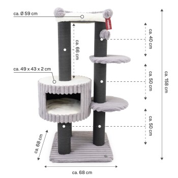 Katzenbaum mit mehreren Ebenen, plüschigen Oberflächen und einem gemütlichen Versteck; Abmessungen: 158 cm Höhe, 68 cm Basisbreite, 59 cm Durchmesser oben.
