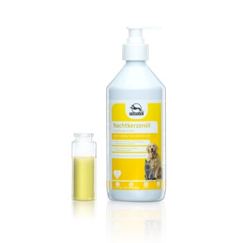 Eine Flasche Nachtkerzenöl für Haustiere mit einem Pumpenspender und einem Glasfläschchen, als vom Tierarzt empfohlen für gesunde Haut und Fell.