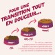 Trois bols montrant la transition alimentaire pour chien avec texte en français et étiquettes de jours (Jour 1 25 %, Jour 2-3 50–75 %, Jour 4 mmmm !)