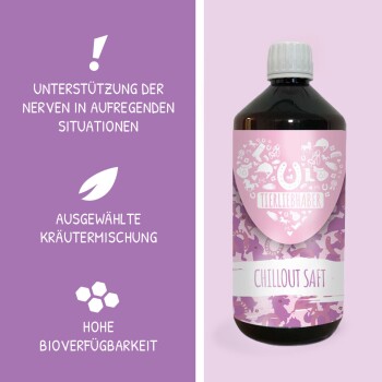 Flasche "Chillout Saft" für Haustiere, mit beruhigender Kräutermischung, hoher Bioverfügbarkeit und Unterstützung für Nerven in stressigen Situationen.