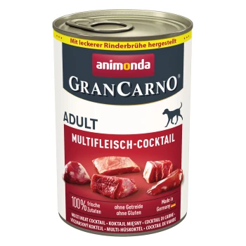 Dosenfutter von Animonda GranCarno für Hunde mit der Bezeichnung "Adult Multifleisch-Cocktail", das Fleischstücke enthält und 100% frisch, glutenfrei, in Deutschland hergestellt ist.